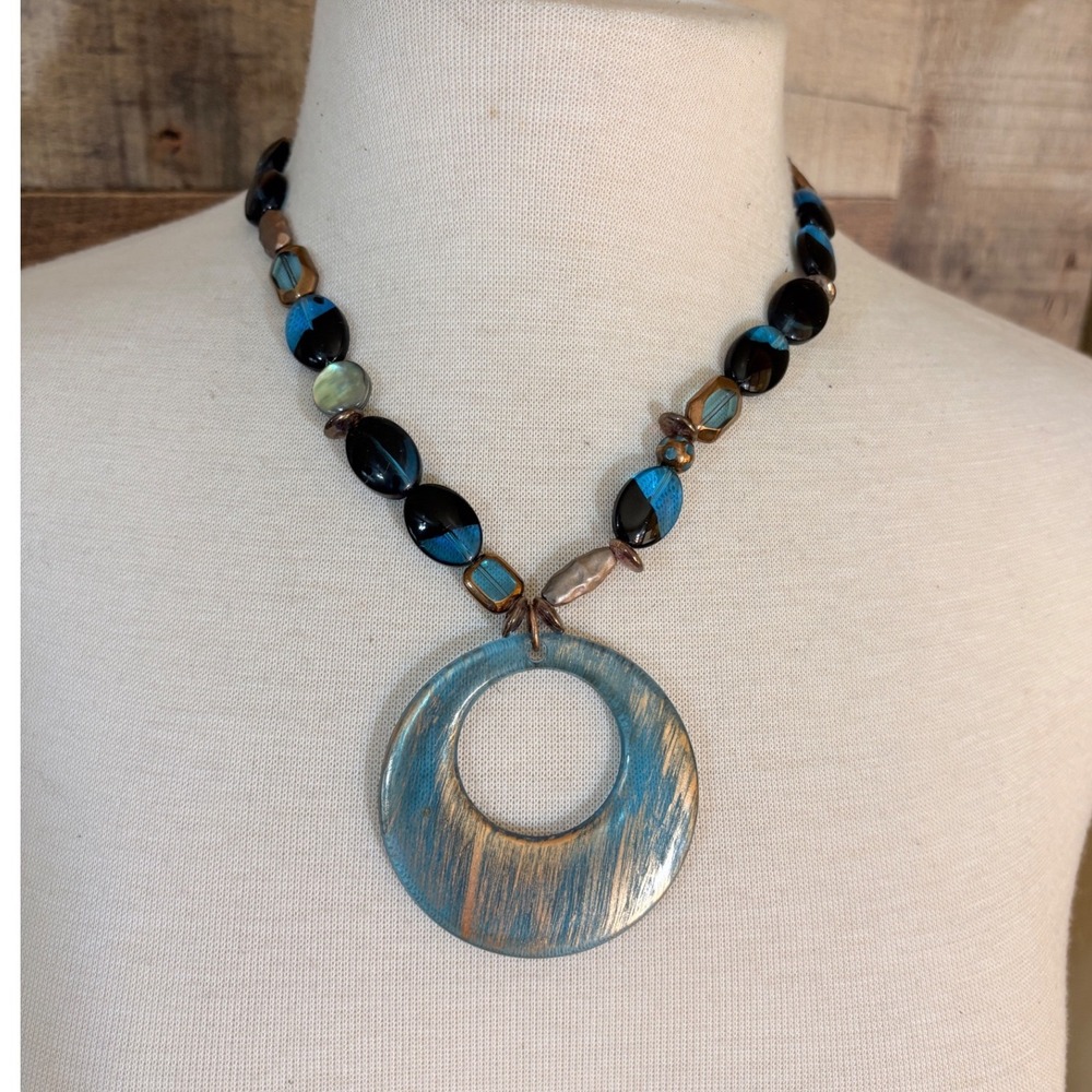 Chicos Teal Blue Gold Resin Hoop Statement Necklace Beaded Copper Tone Boho